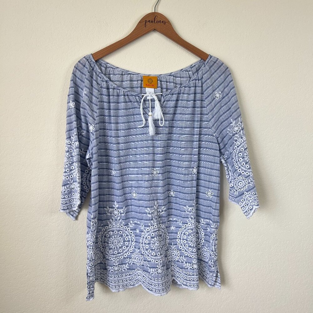 Ruby Rd Top Womens Large Blue Striped Embroidered Peasant Shirt L